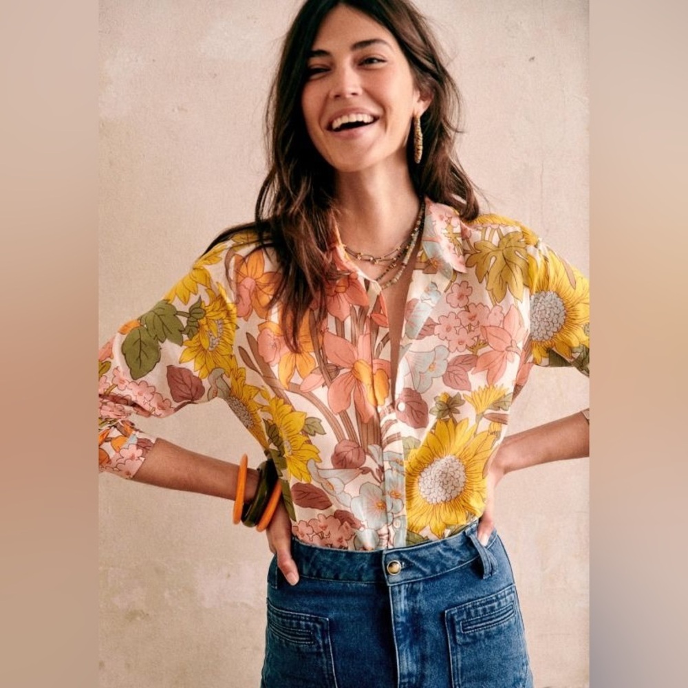 RARE Sezane Pierro Floral Button Down Shirt -  70s Boho Sunflower